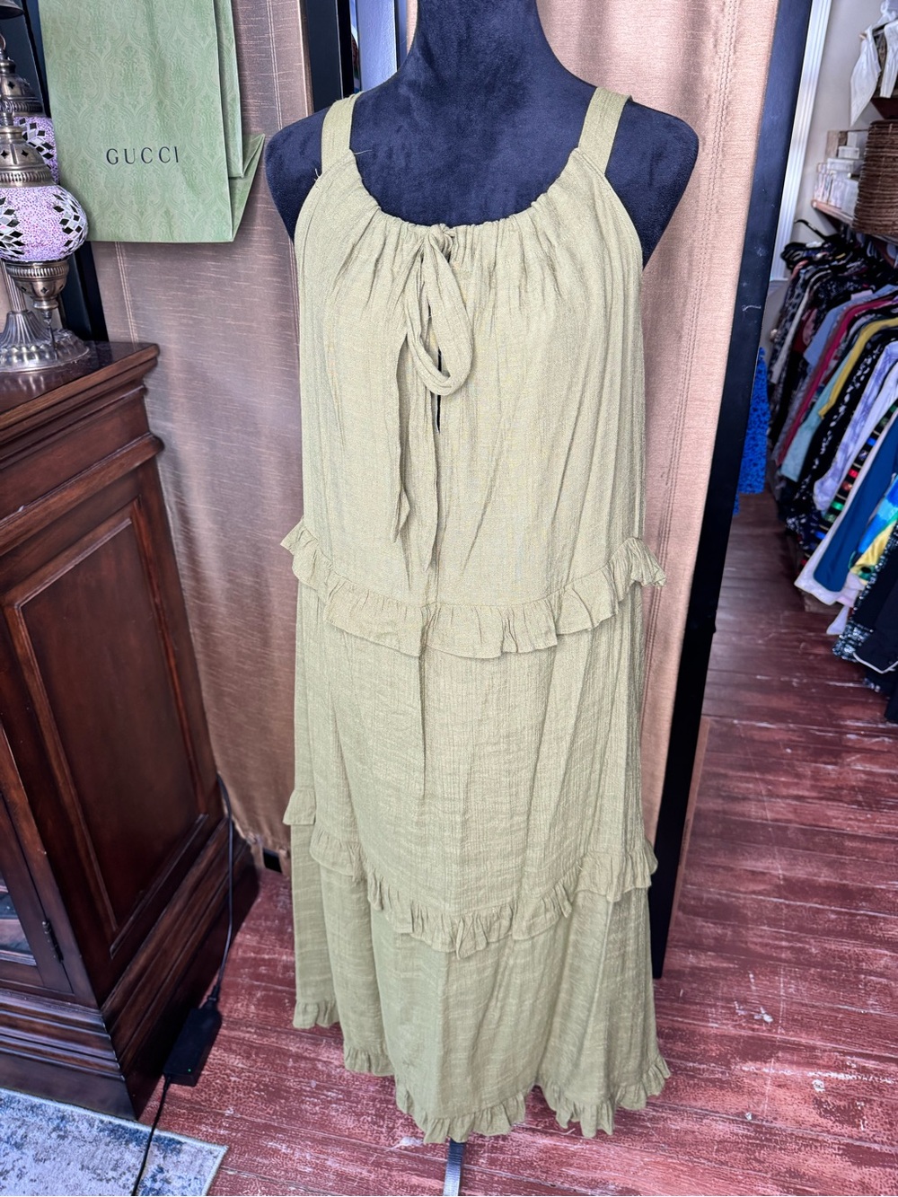 Emelia Olive Green Tiered Ruffle Maxi Dress Boho Sleeveless Size L - Picture 3 of 9